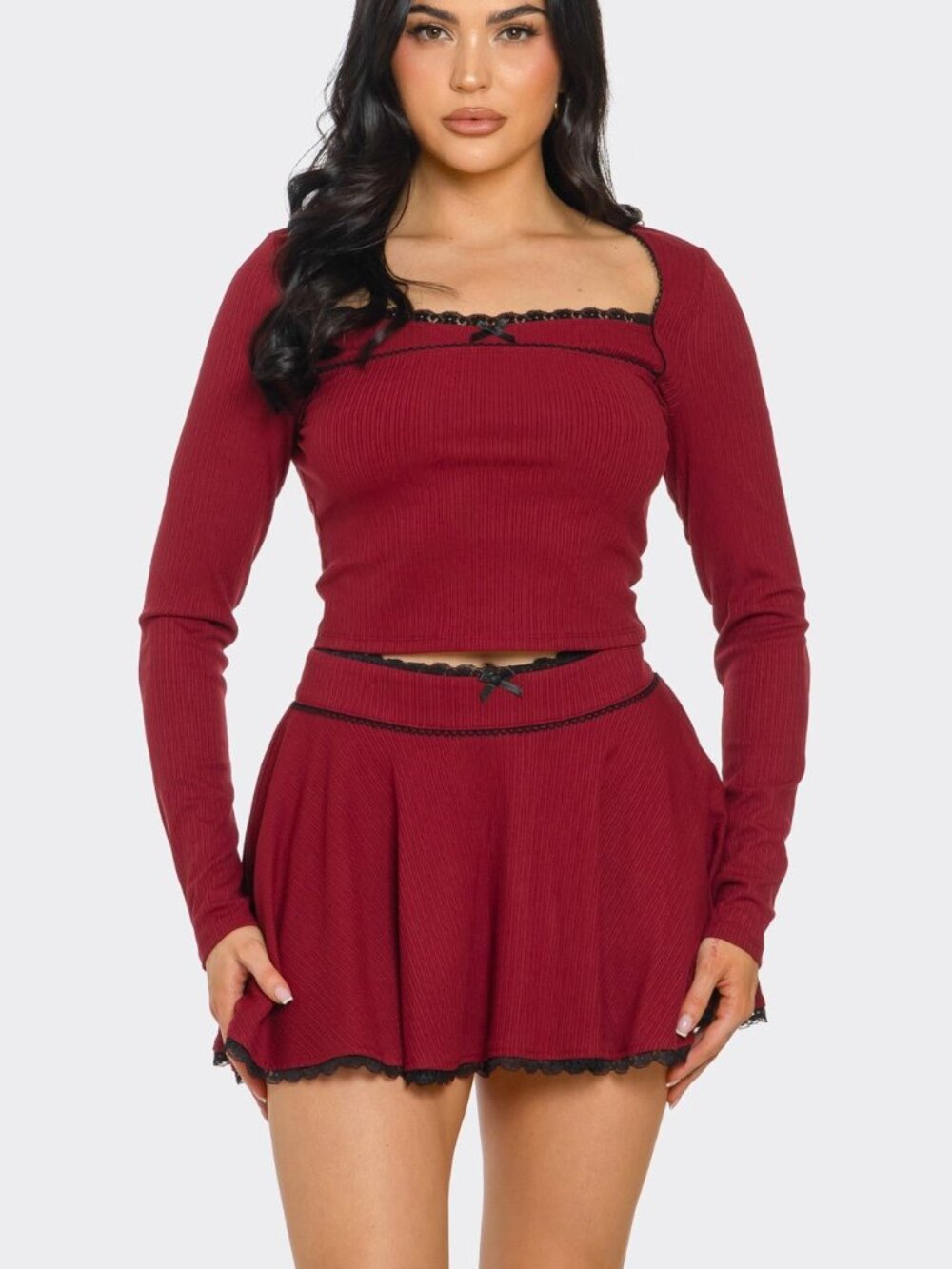 Long Sleeve Top and Skirt Set – Wine Red Two-Piece Outfit